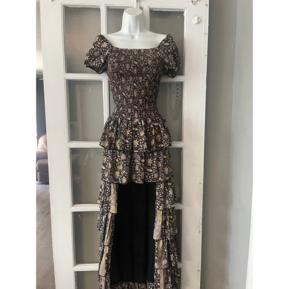 Muche et Muchette Black Gold Floral Smocked High-Low Tiered Ruffle Maxi Dress - Picture 2 of 10